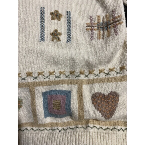 Alfred Dunner Petite PM Sweater Vintage Embroidered Floral Beaded White Cotton - Picture 4 of 13